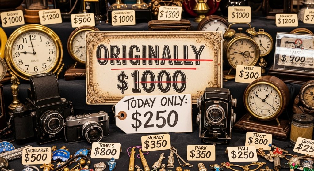 빈티지 골동품 벼룩시장 진열대 원가 천 달러 상품이 오늘만 이백오십 달러 할인 판매 가격표가 붙은 앤티크 시계와 카메라