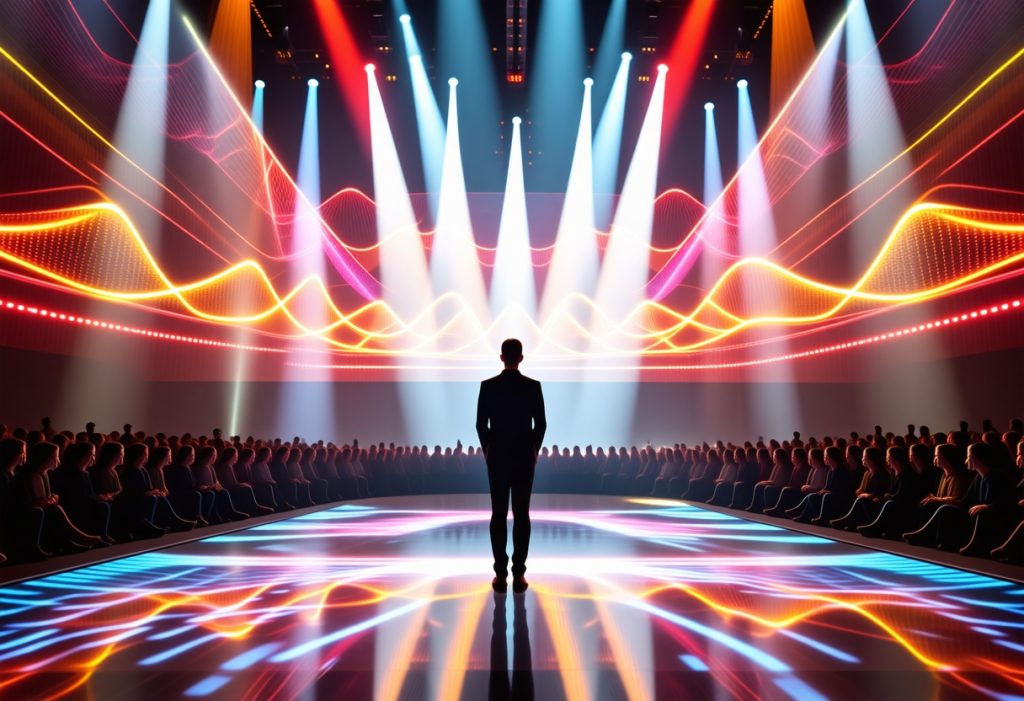 다채로운 무대 조명과 레이저 빔 아래 관중 앞에 서 있는 사람의 실루엣