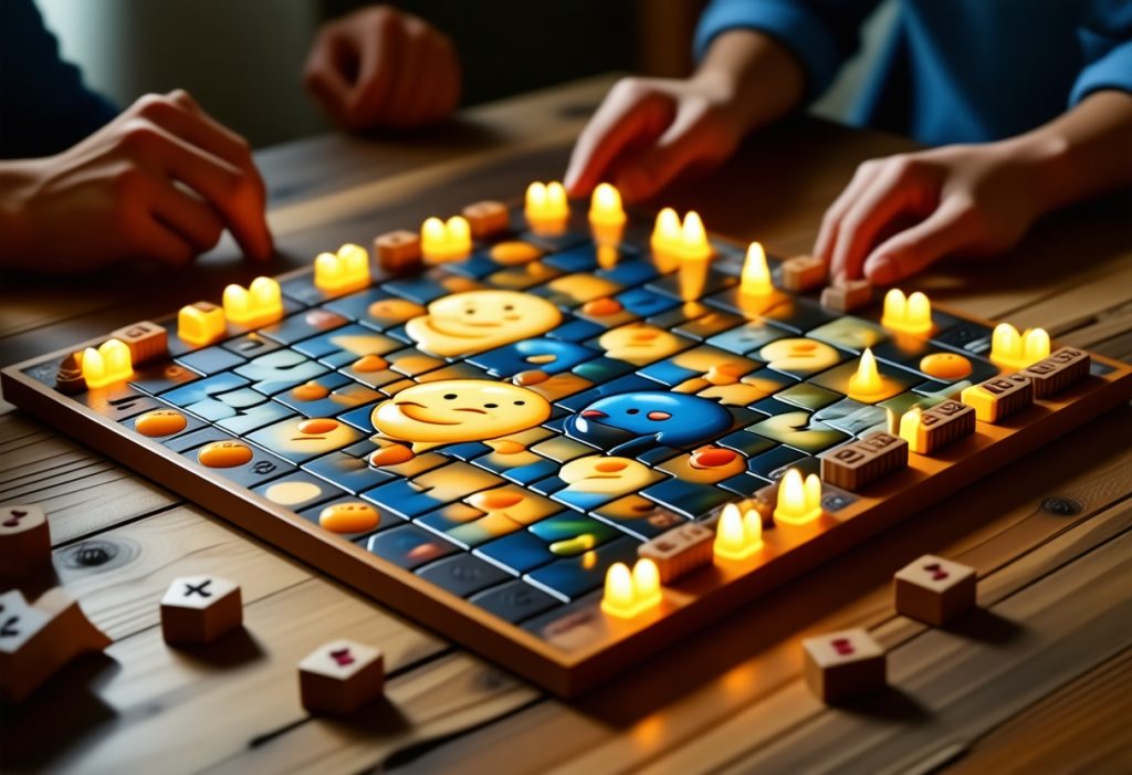 나무 테이블 위의 이모티콘과 게임 말이 있는 화려한 보드게임의 클로즈업과 플레이어들의 손