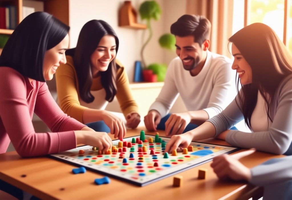 밝은 거실에서 색색의 보드게임을 즐기며 웃고 있는 다문화 친구 그룹