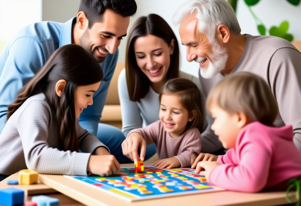 거실에서 다세대 가족이 함께 화려한 보드게임을 즐기는 따뜻한 가족 모임