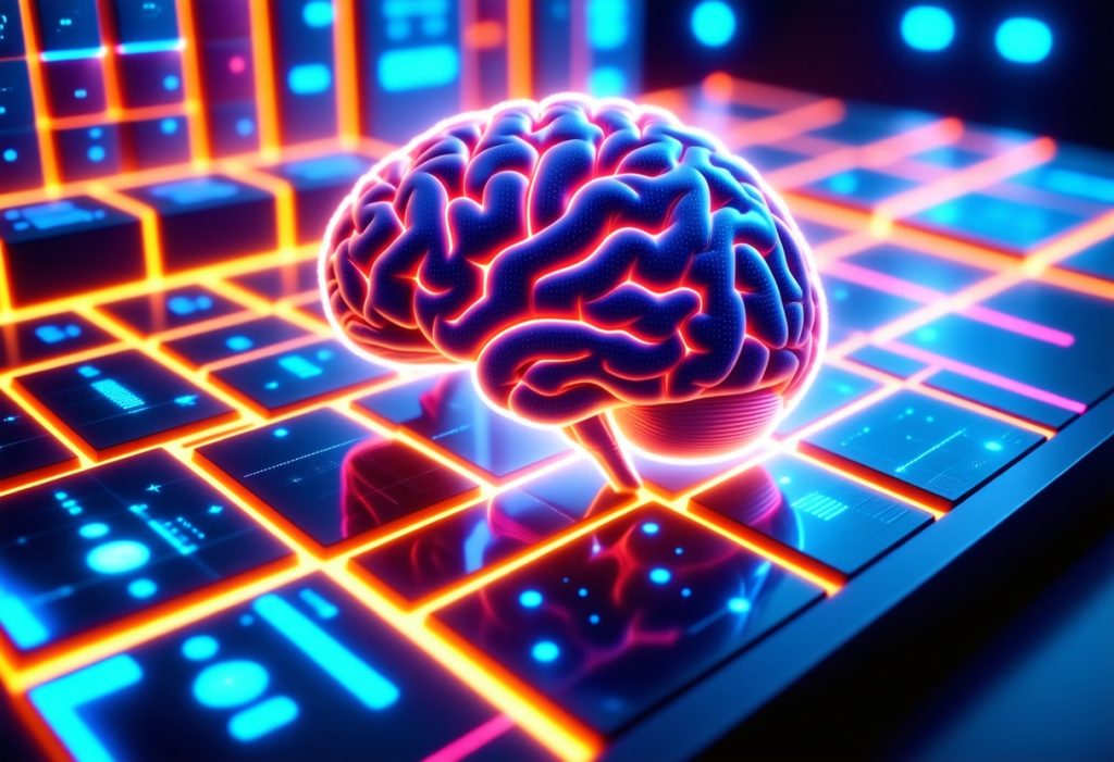 금색과 오렌지색 네온 그리드 위에 놓인 청색 3D 뇌 렌더링으로 표현된 인공지능 및 신경망 개념