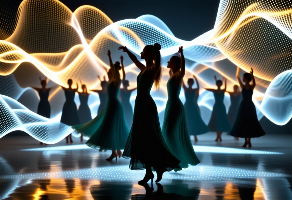 금색과 청색 빛의 파동 배경 앞에서 춤추는 여러 무용수들의 실루