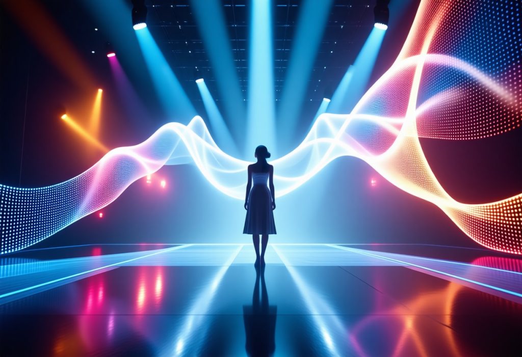 핑크와 청색 LED 웨이브 앞 무대 중앙에 서 있는 여성의 실루엣