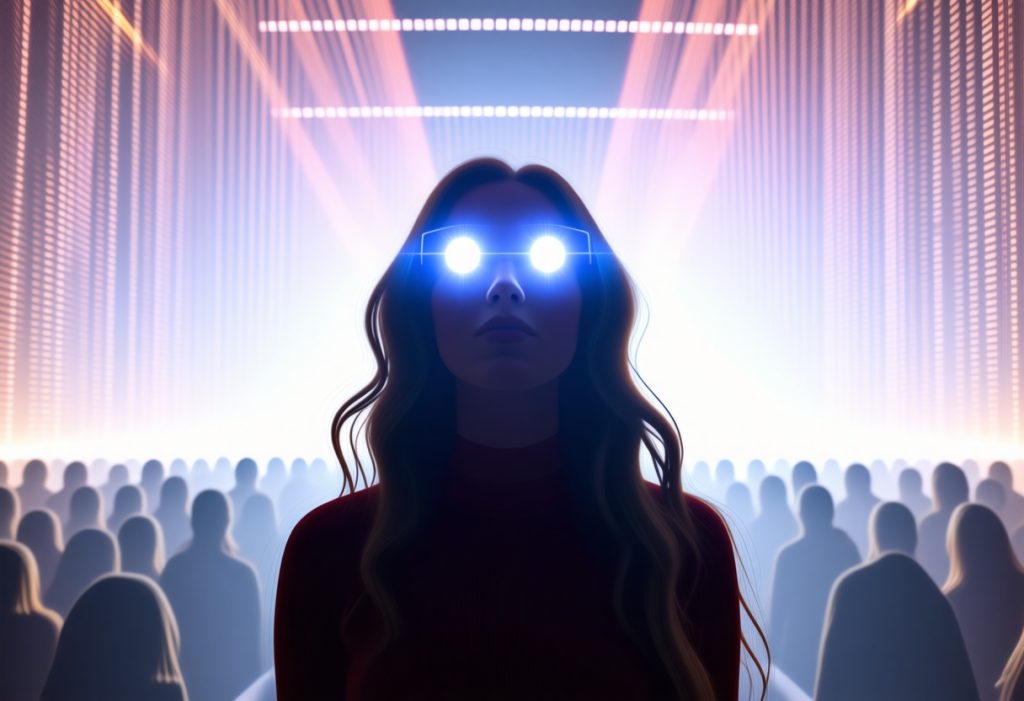 밝게 빛나는 청색 눈과 LED 패널 배경이 있는 군중 앞의 미래형 여성