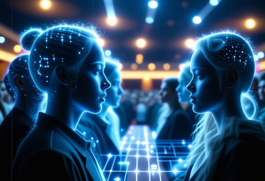 청색 네온 두뇌 오버레이와 홀로그램 체스판이 있는 서로 마주보는 두 AI 휴머노이드 프로필