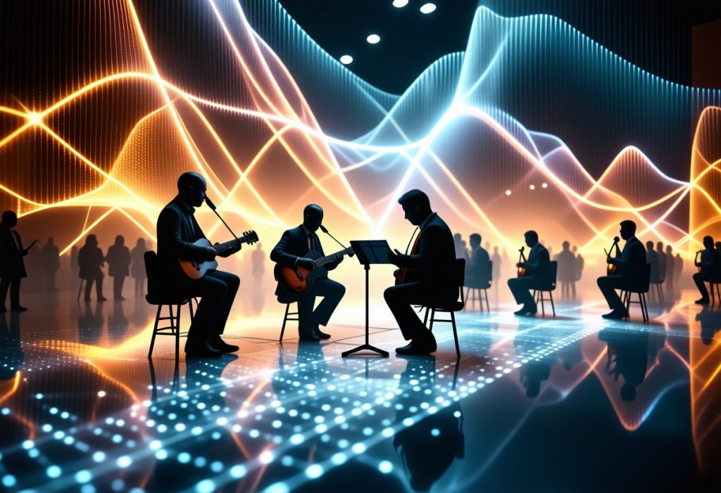 금색과 청색 빛의 파동 배경 앞에서 어쿠스틱 공연을 하는 뮤지션들의 실루엣
