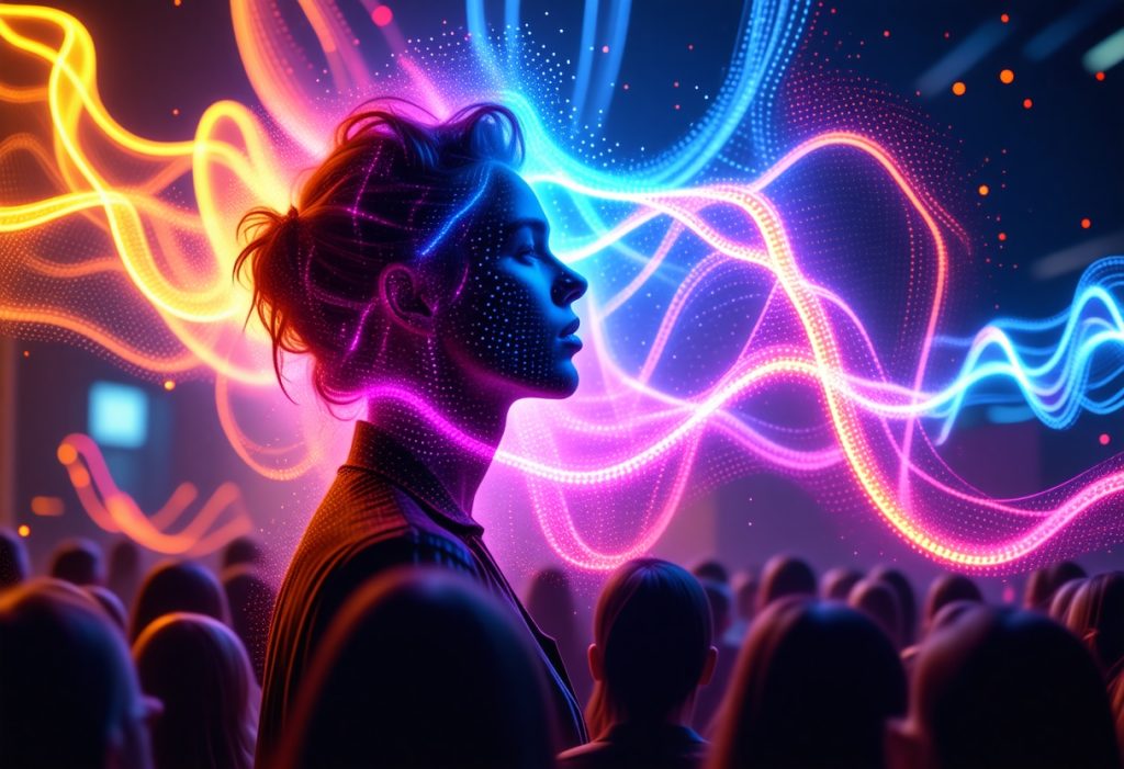 금색, 핑크, 청색 네온 빛의 웨이브로 둘러싸인 헤드폰을 낀 여성의 프로필