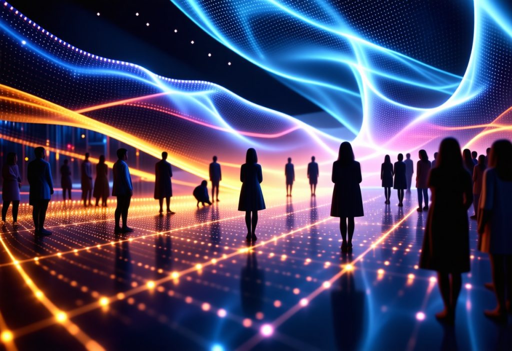 청색과 오렌지색 빛의 유동적인 웨이브 앞에 서 있는 여러 사람의 실루엣