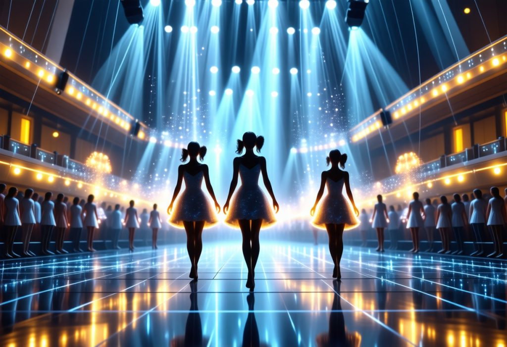 화려한 무대 조명 아래 대형 무대 중앙에 서 있는 세 명의 댄서 실루엣