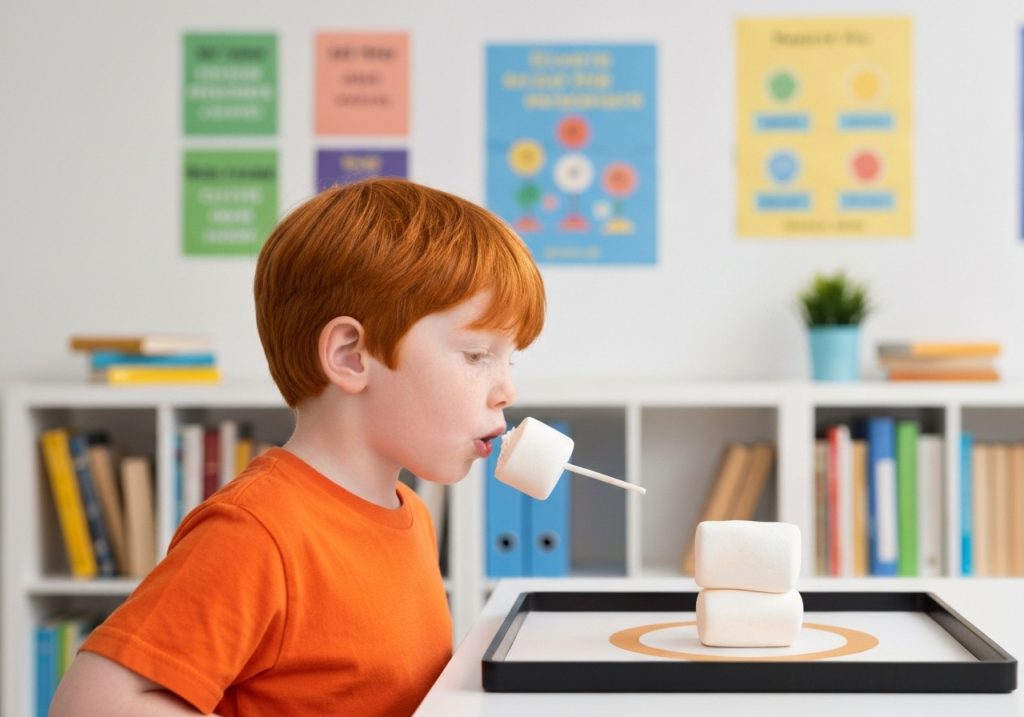 빨간 머리 어린이가 교실에서 마시멜로 챌린지 자제력 테스트를 하며 집중하는 모습 교육 심리학 실험 장면