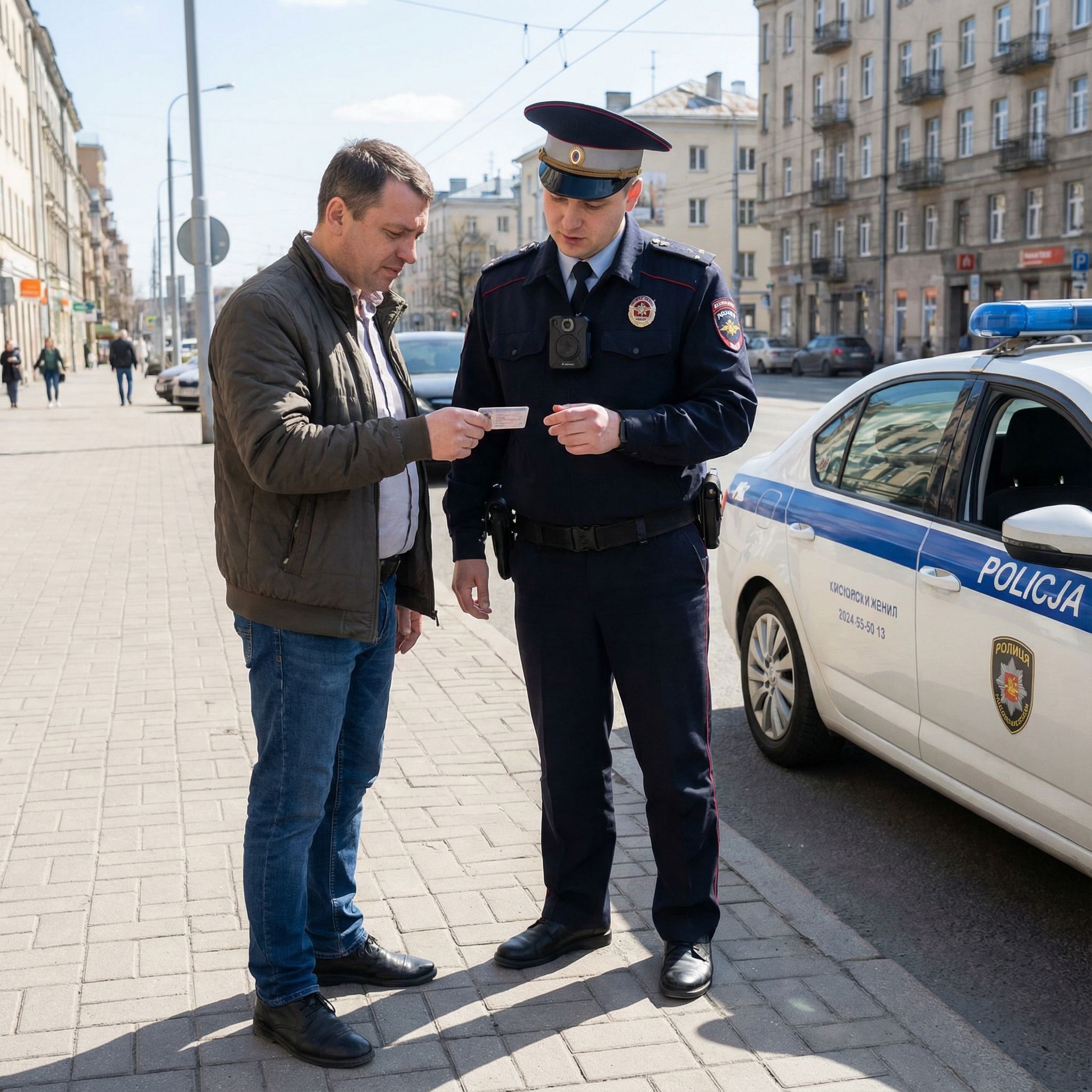 밝은 대낮의 거리에서 경찰관이 한 사람의 신분증을 집중하며 확인하고 있는 모습이다.