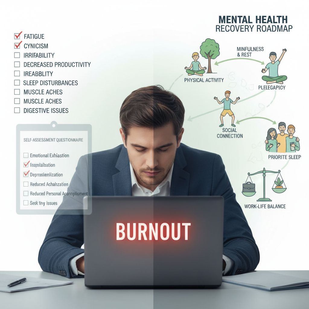 번아웃 증상 체크리스트와 정신 건강 회복 로드맵 피로 냉소 마음챙김 신체 활동 사회적 연결 수면 일과 삶의 균형 인포그래픽