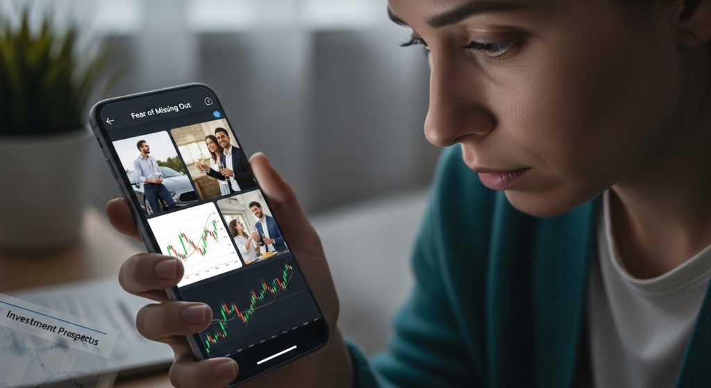 투자 불안 공포 FOMO 개념 여성이 스마트폰으로 주식 차트와 성공한 사람들 이미지를 보며 걱정하는 장면