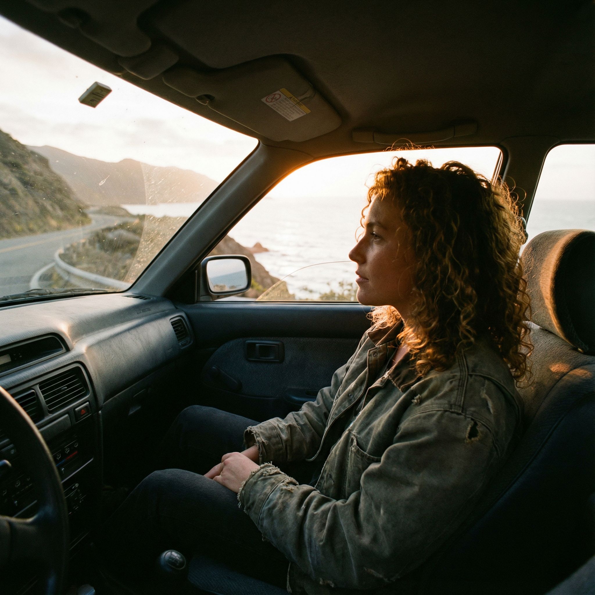 회색 계열의 차량 앞좌석에 앉아 창밖 전방을 바라보는 사람의 모습이다.