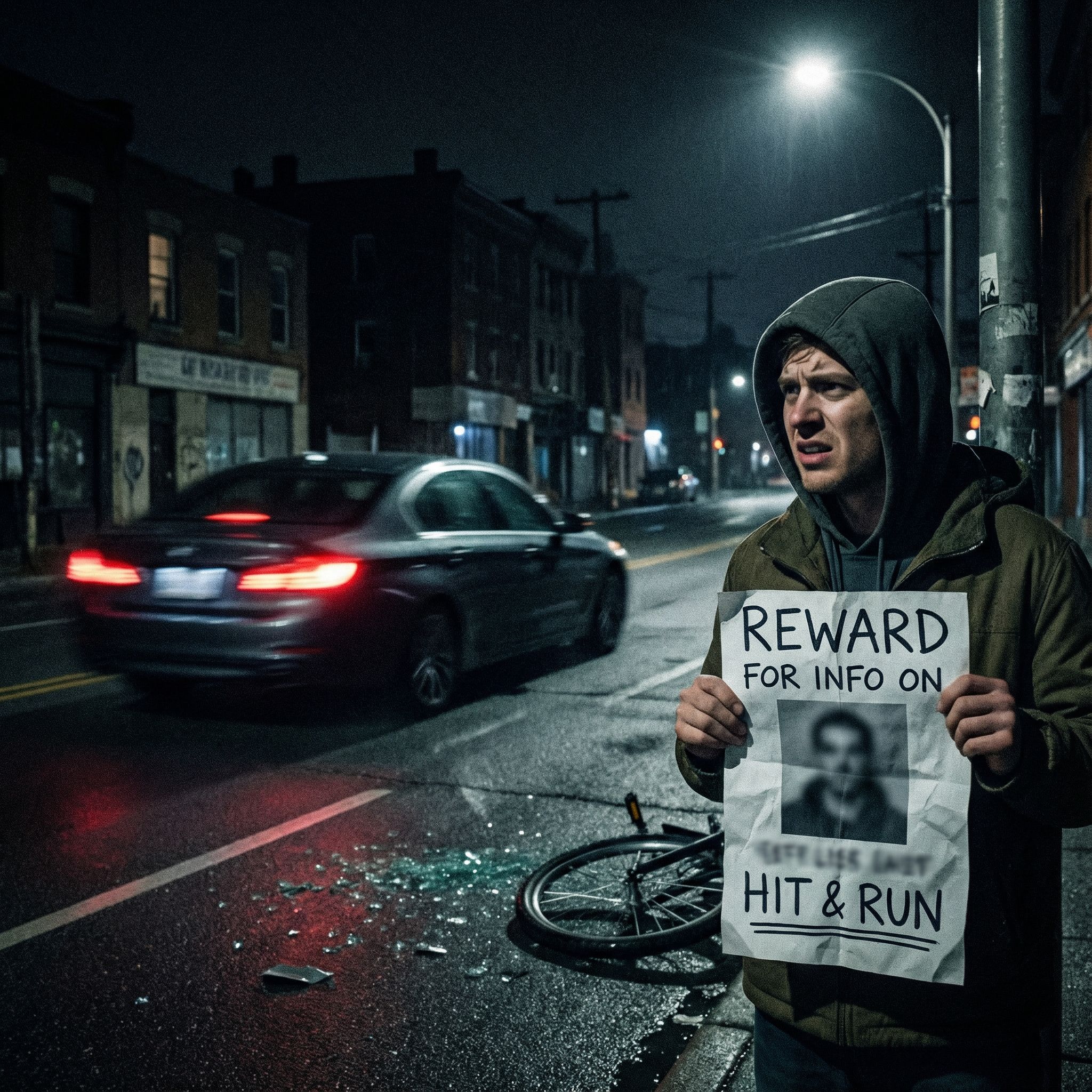 어두운 밤길에 번호판이 흐릿한 차가 달아나고, 보상금 포스터를 든 사람이 좌절한 표정을 짓고 있는 모습이다.