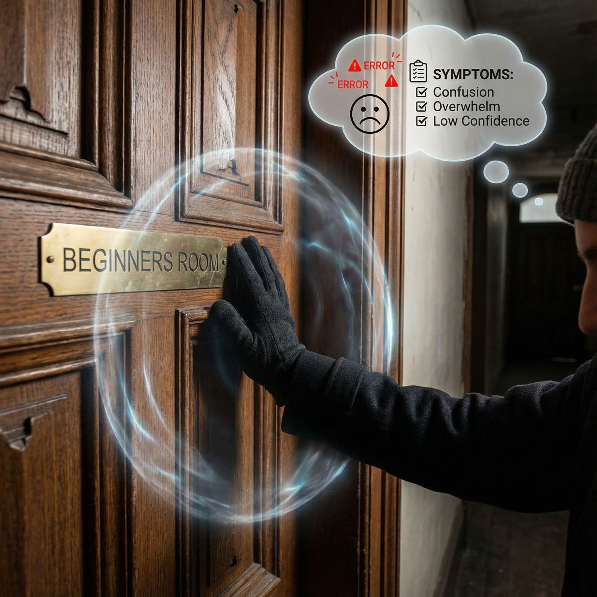 화려한 초보자실 문패가 달린 문을 열려는 손이 보이지 않는 장벽에 막혀 있고, 머릿속에는 오류 표시와 증상 목록이 떠오르는 모습이다.