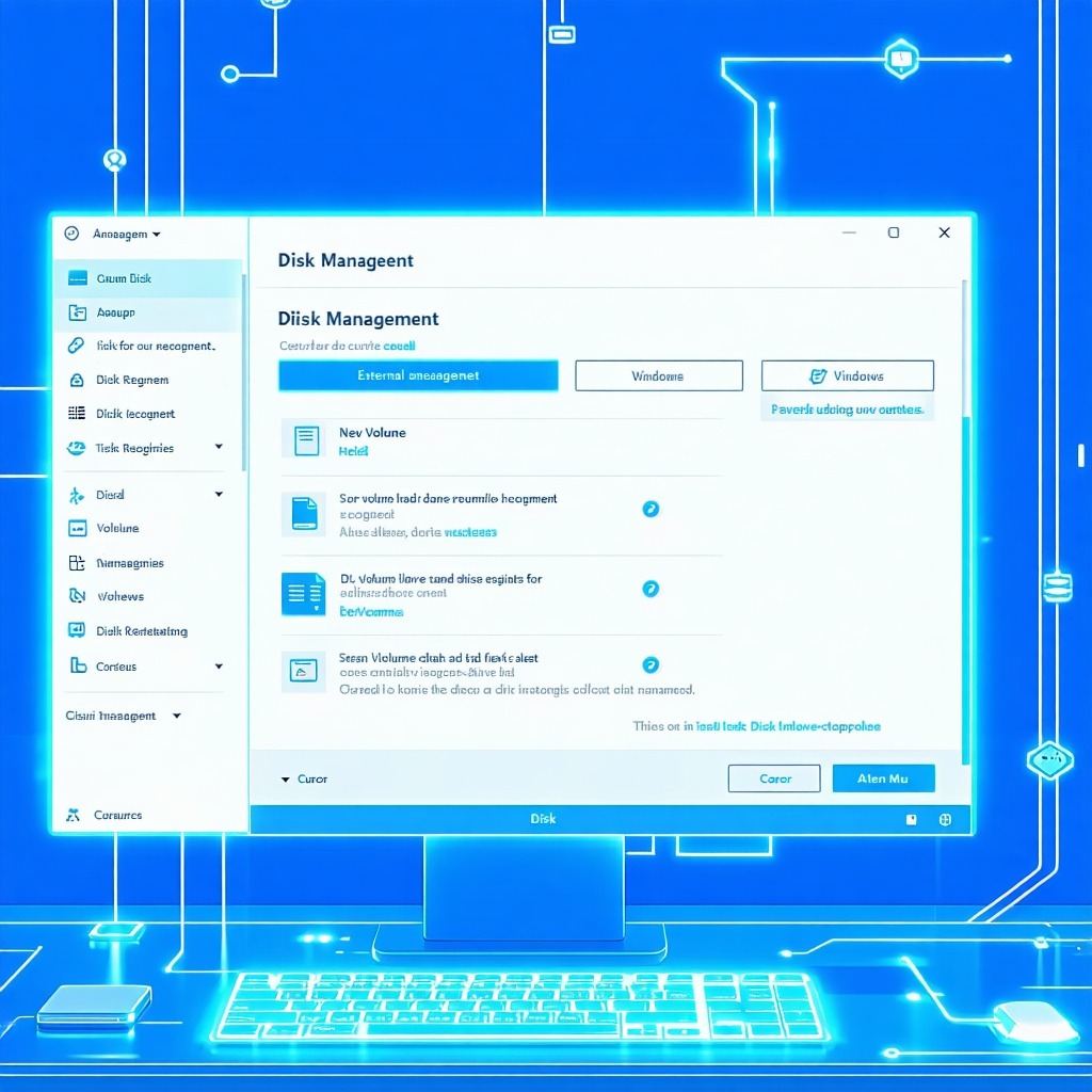Windows 디스크 관리(Disk Management) 창이 열린 화면으로 New Volume, 볼륨 관리 옵션들이 표시된 청색 테마의 컴퓨터 인터페이스 일러스트.