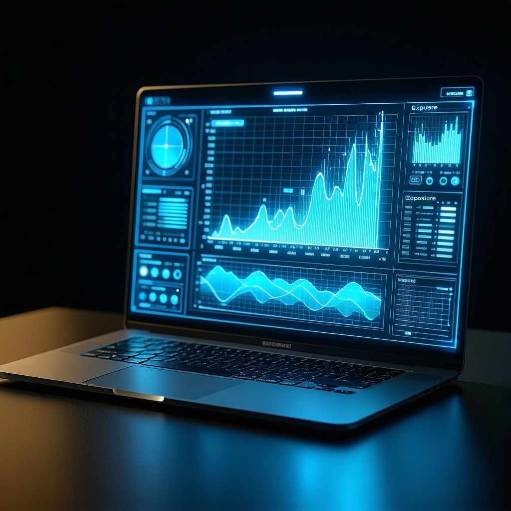 청색 그래프와 파형이 표시된 데이터 분석 대시보드가 열린 노트북 화면.