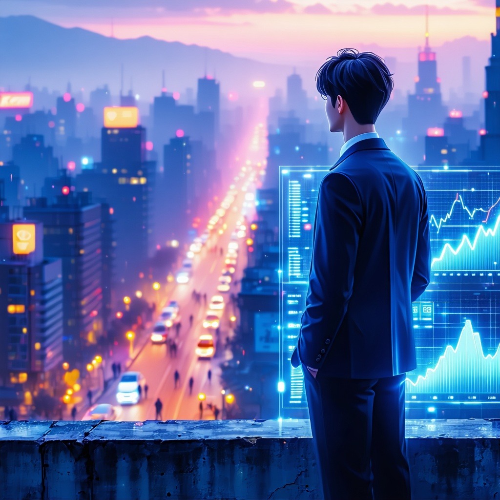 석양 물든 도시 전경과 홀로그램 데이터 차트를 바라보는 정장 차림 남성의 뒷모습