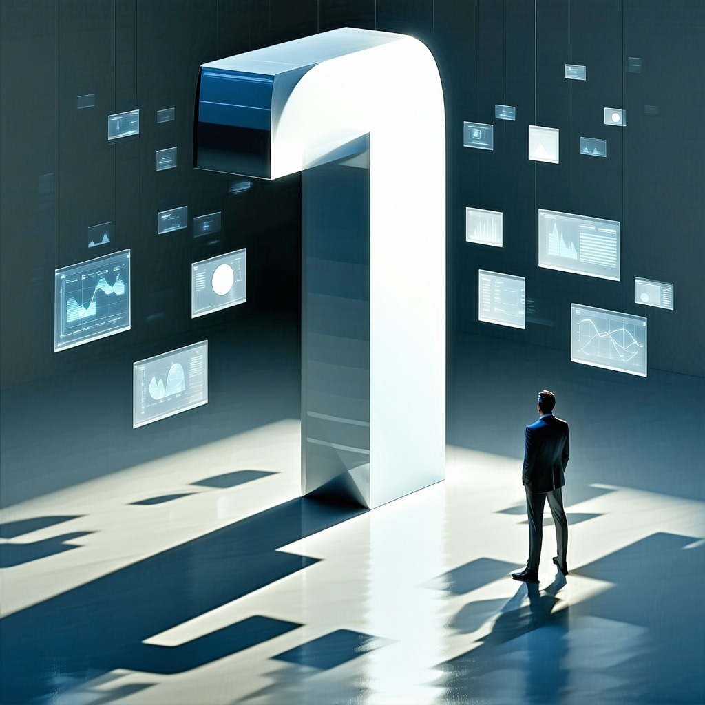 거대한 흰색 데이터 구조물과 떠 있는 분석 화면들을 바라보는 정장 차림 남성