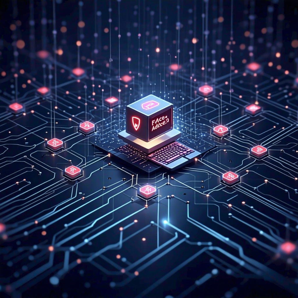 중앙에 보안 박스가 있고 빨간색 노드들이 회로 라인으로 연결된 어두운 네트워크 보안 인프라 이미지.