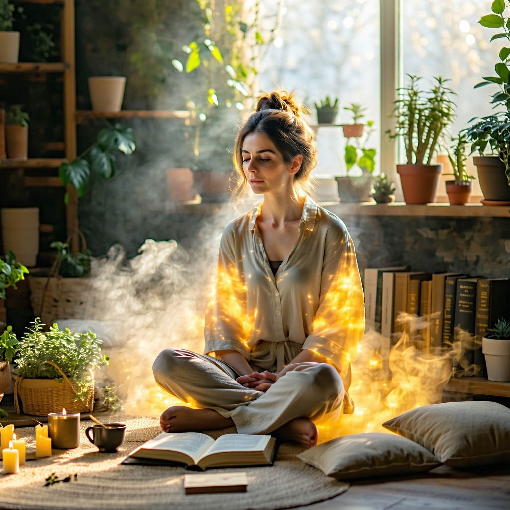식물들로 둘러싸인 아늑한 방에서 황금빛 오라에 감싸여 명상하는 여성