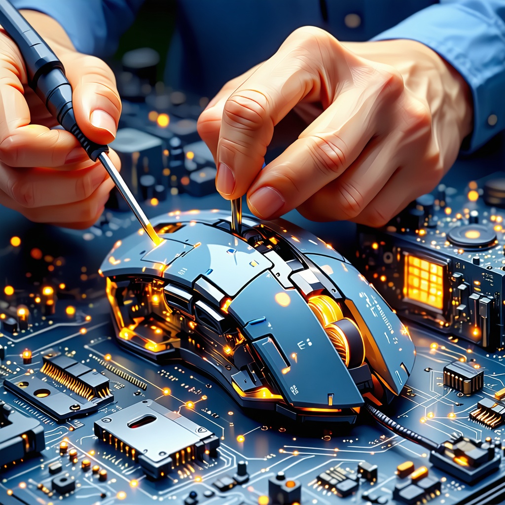 회로 기판 위에서 드라이버로 게이밍 마우스 내부를 수리하는 손 클로즈업