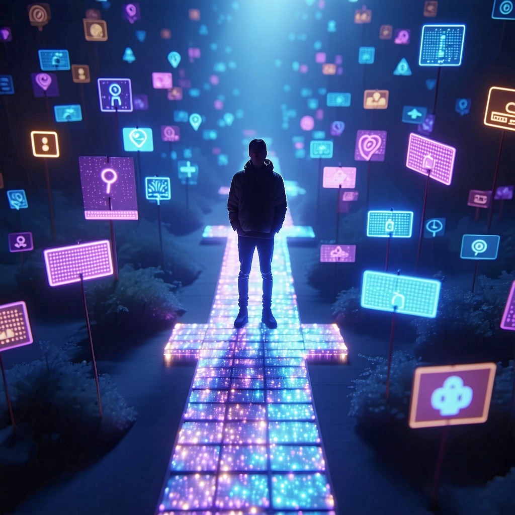 네온 핑크와 청색으로 빛나는 디지털 표지판들 사이의 빛나는 길 위에 서 있는 후드티 차림의 사람