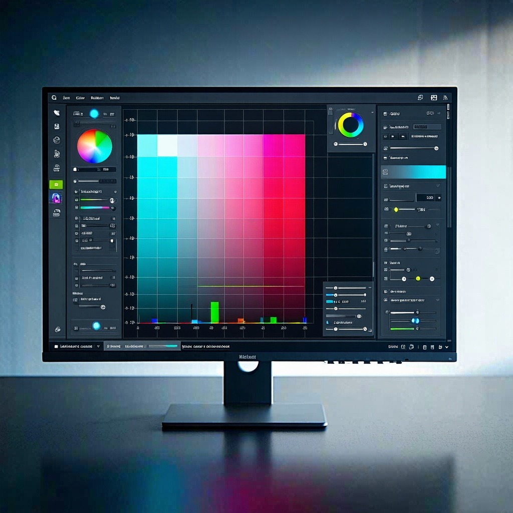 컬러 휠과 히스토그램이 표시된 전문 색 보정 소프트웨어 인터페이스가 열린 모니터
