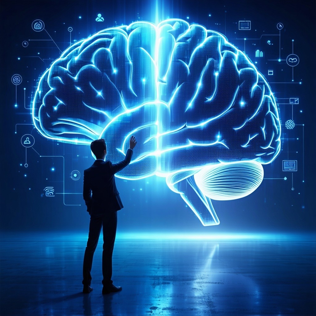 기술 아이콘들로 둘러싸인 거대한 청색 홀로그램 뇌를 바라보는 정장 차림 남성의 뒷모습