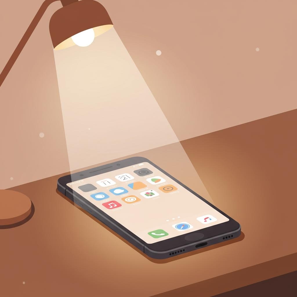 책상 위 스마트폰과 스탠드 조명, 따뜻한 분위기 일러스트