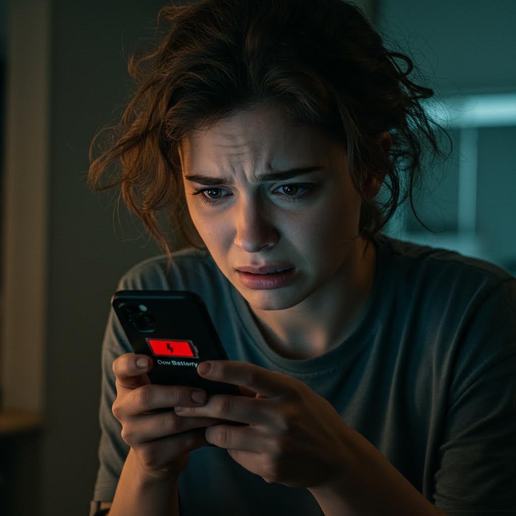 배터리 부족 경고에 불안해하는 여성, 어두운 방에서 스마트폰 확인