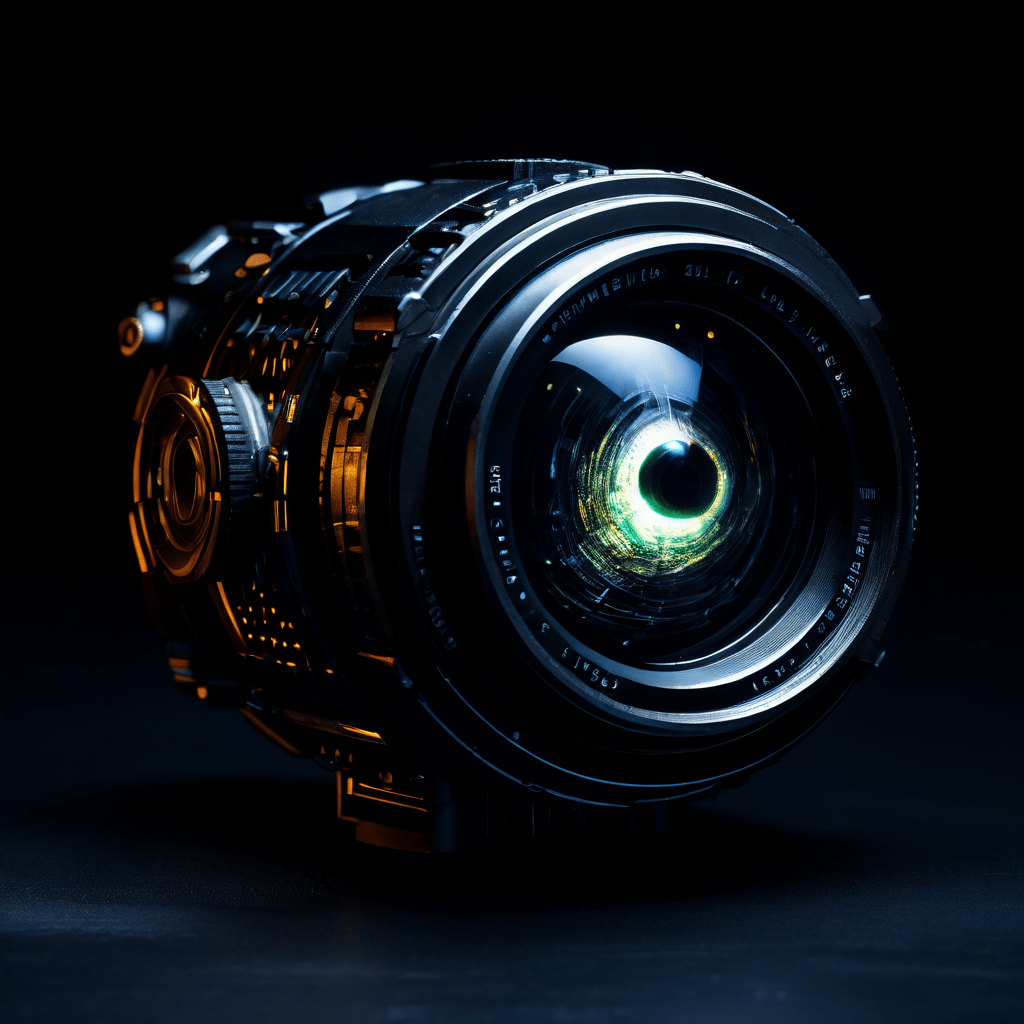 어두운 방 안에서 스스로 떠다니며 빛나는 한 개의 눈으로 자신의 렌즈를 살피는 지각 있는 카메라의 모습이다.