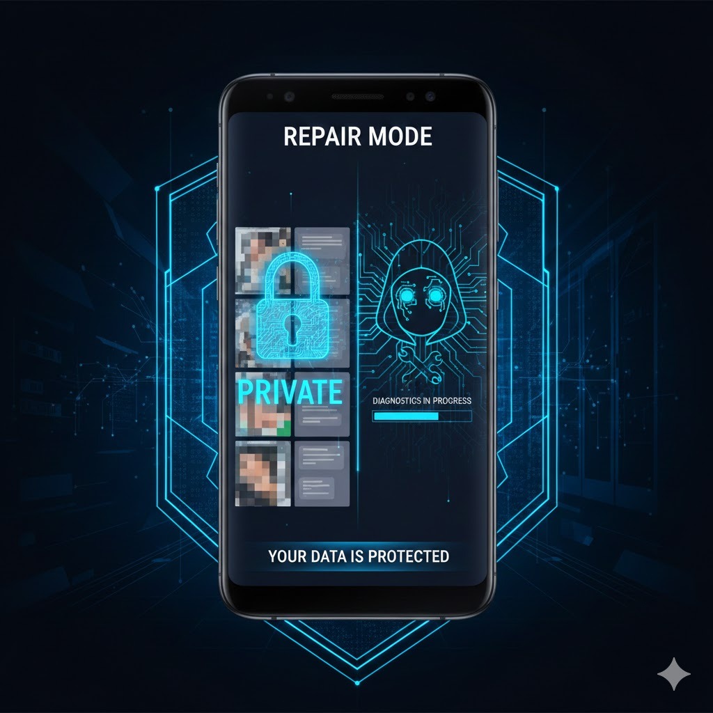 Repair Mode' 화면이 표시된 스마트폰으로, 청색 자물쇠 아이콘과 'PRIVATE' 라벨로 블러 처리된 사진들, AI 로봇 아이콘과 'Diagnostics In Progress' 진행 바, 하단에 'Your Data Is Protected' 메시지가 있는 개인정보 보호 모드 인터페이스.