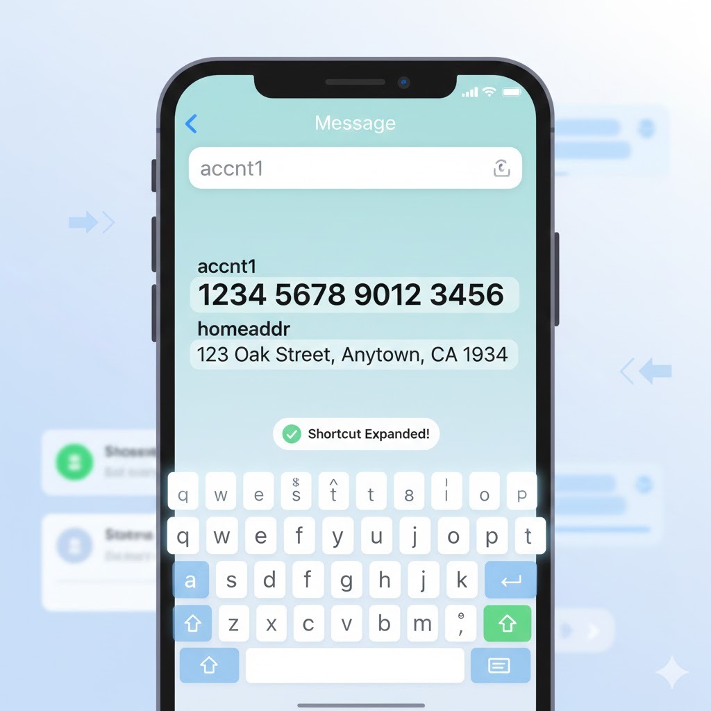 iPhone 메시지 앱에서 'accnt1' 단축어 입력 시 계좌번호 '1234 5678 9012 3456'과 'homeaddr' 입력 시 주소 '123 Oak Street, Anytown, CA 1934'로 자동 확장되는 'Shortcut Expanded!' 텍스트 대치 기능 시연 화면.