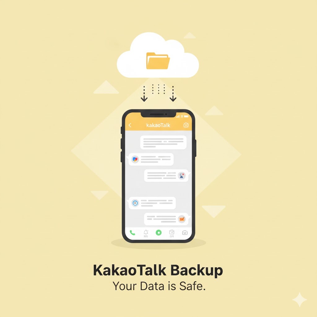 클라우드 폴더에서 카카오톡 채팅 화면이 열린 스마트폰으로 데이터가 내려오는 화살표와 함께 'KakaoTalk Backup - Your Data is Safe' 메시지가 표시된 노란색 배경의 백업 서비스 일러스트.