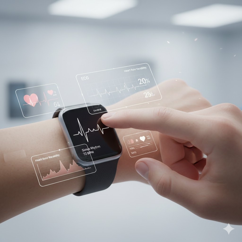 손목에 착용한 스마트워치에 'Sinus Rhythm 72 BPM' 심전도가 표시되고, 주변에 ECG 20%, Heart Rate Variability, SpO2 등 건강 데이터 홀로그램 패널이 떠 있는 웨어러블 헬스케어 이미지.