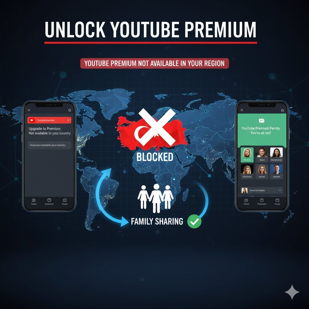 Unlock YouTube Premium' 제목 아래, 좌측에 'Not available in your country' 차단 메시지 화면과 우측에 'YouTube Premium Family - You're all set!' 성공 화면이 세계 지도 위에서 'BLOCKED'에서 'Family Sharing'으로 연결되는 우회 방법 인포그래픽.