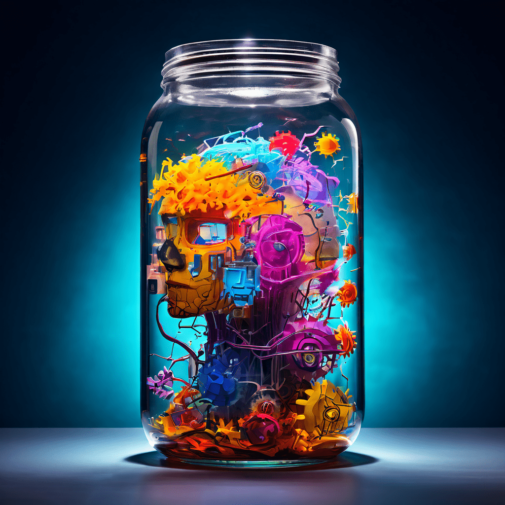 감정의 소용돌이로 가득 찬 유리병 형태의 인간 머리 속에 논리와 이성을 상징하는 톱니바퀴들이 갇혀 움직이지 못하는 모습을 표현한 개념적 이미지입니다.