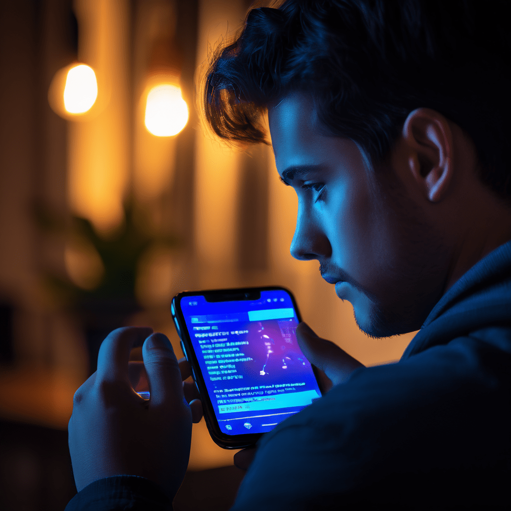 휴대폰 화면에서 프로필 사진이 흐릿하게 처리된 상대방과 수상한 거래 대화 내용을 확인하며 주저하고 경계하는 개인의 심리를 표현한 이미지입니다.