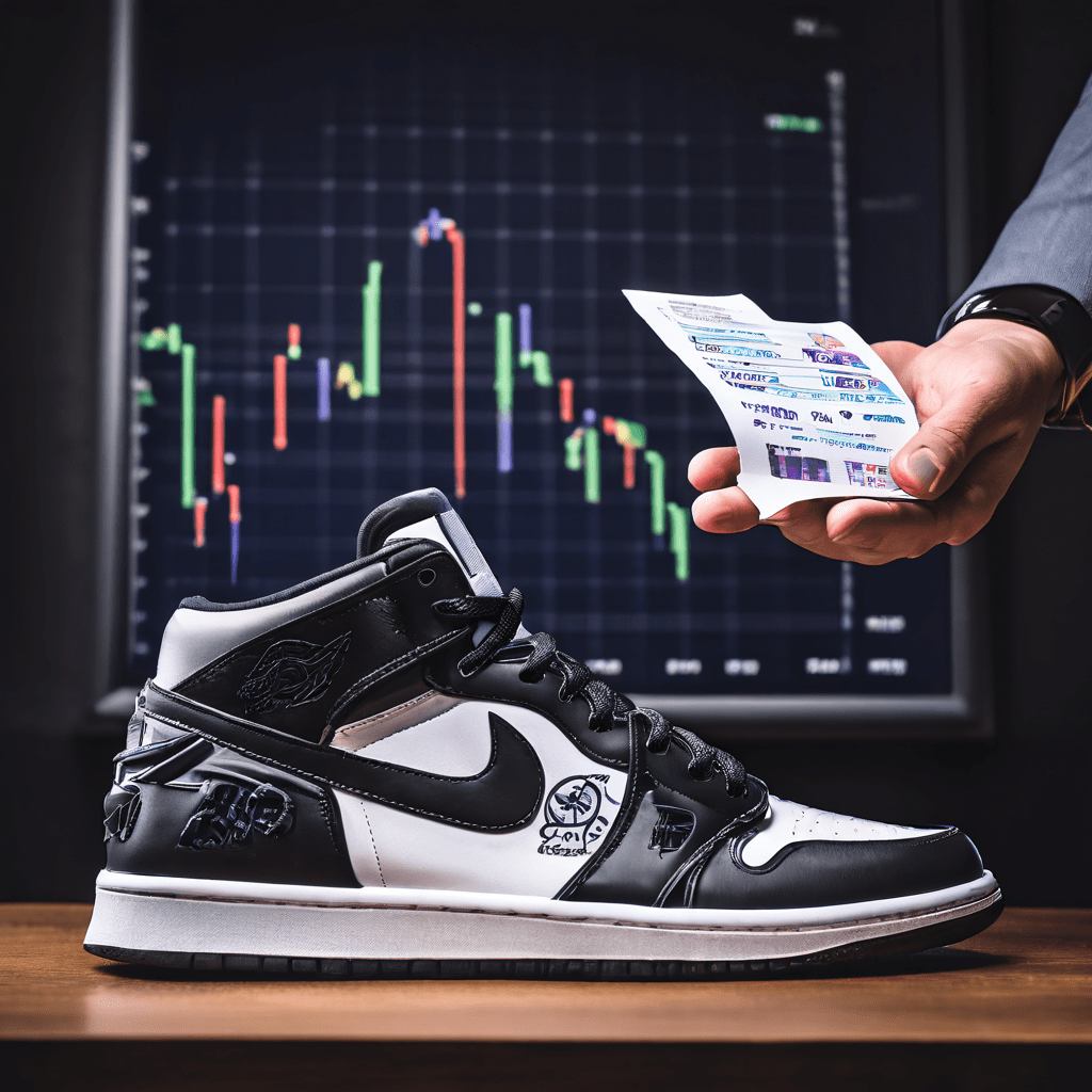 한정판 스니커즈 가격이 소매가보다 하락하는 그래프 옆에서 혼란스러워하는 구매자가 영수증을 들고 있으며, 이와 대조적으로 주식 시장 차트는 상승세를 보이고 있습니다.