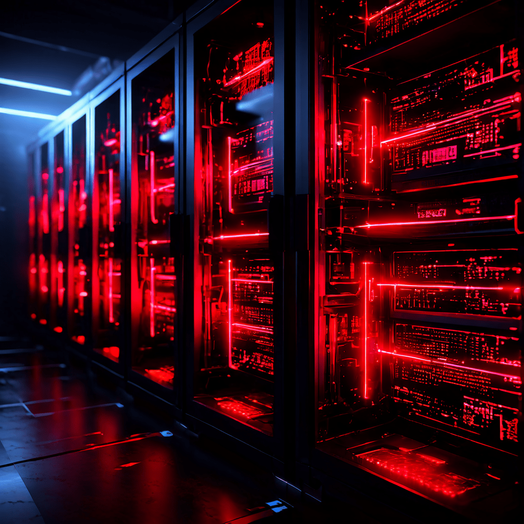 디지털 서버 랙이 붉은 빛을 내며 불안정한 상태를 나타내고, 데이터 스트림이 단편화되고 경고 표시가 깜빡이며 시스템 지연과 장애 가능성을 시각화한 이미지입니다.