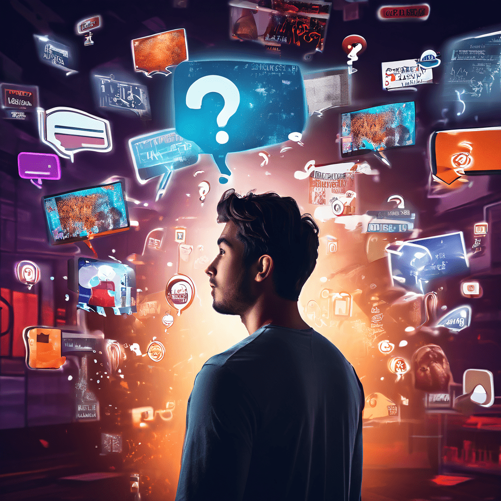 디지털 광고에 둘러싸인 개인이 스크린을 바라보며 광고 아이콘이 떠오르는 생각 속에서 소비자로서의 고민을 시각적으로 표현한 이미지입니다.