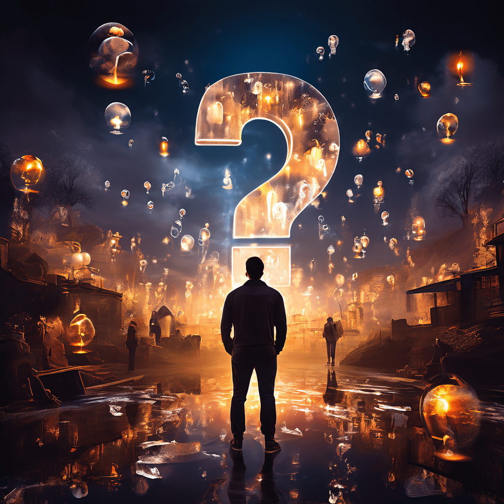 인생의 다양한 상황을 상징하는 희미한 이미지들이 겹쳐진 가운데 빛나는 물음표를 바라보며 진로나 결정에 대한 고민과 성찰의 순간을 표현한 이미지입니다.