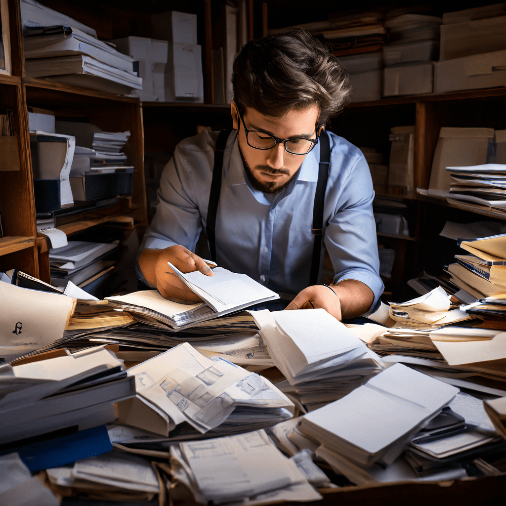 새로운 전자기기 사용법을 찾기 위해 서류와 설명서가 어지럽게 가득 찬 서랍을 뒤지는 당황한 표정의 사용자가 제품 활용에 어려움을 겪는 모습을 담은 이미지입니다.