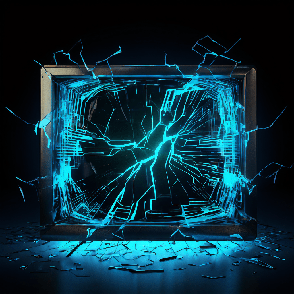 컴퓨터 시스템 오류나 해킹 위험을 상징적으로 표현한 이미지로, 빛나는 금이 간 화면에 에러 심볼이 표시되고 디지털 파편과 충격파가 퍼져 나가는 모습을 묘사하고 있습니다.