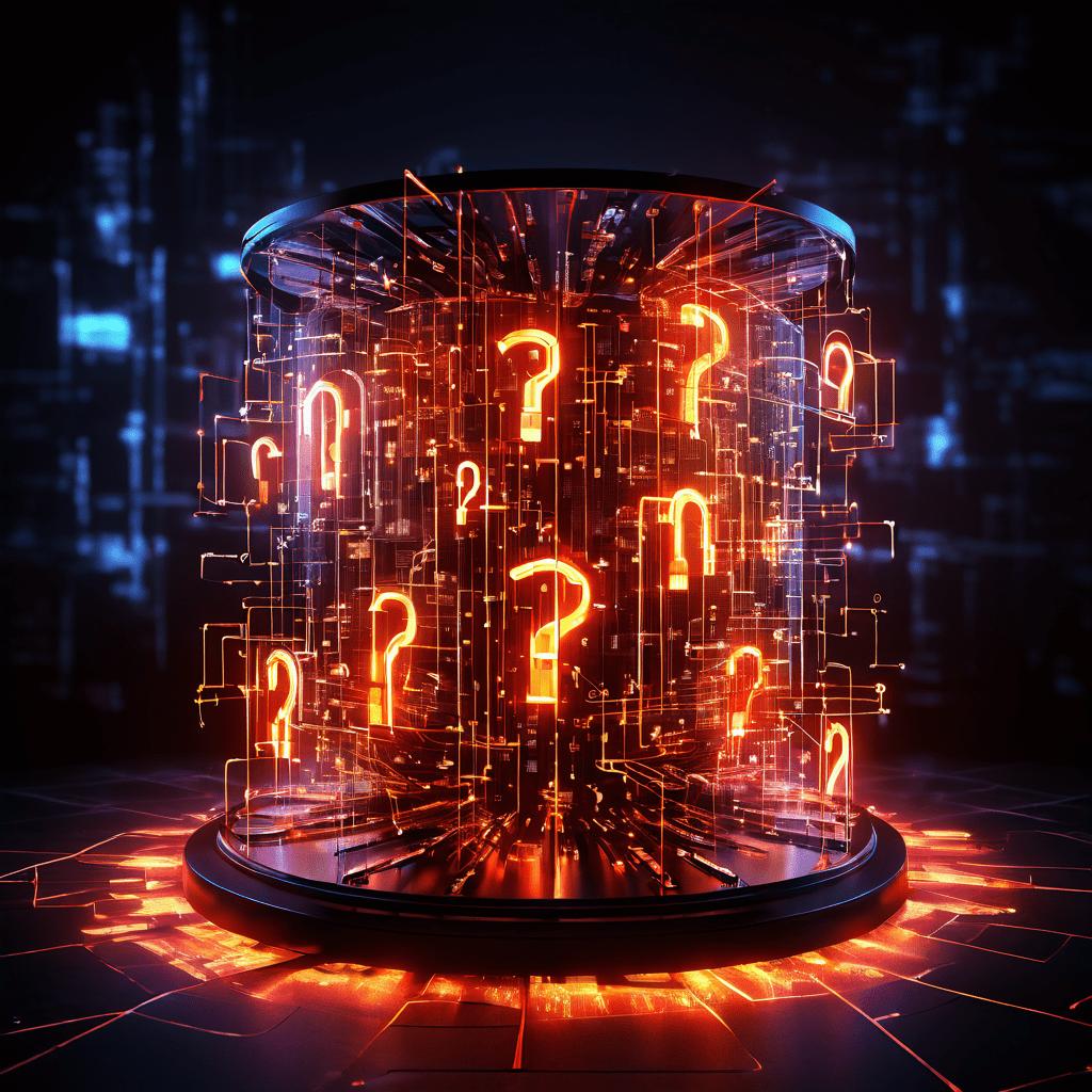 데이터 흐름의 불안정성을 상징하는 빛나는 네트워크 코어가 깨진 조각과 느리게 진행되는 프로그레스 바, 물음표들로 둘러싸여 디지털 시스템의 불안정한 상태를 시각적으로 표현한 이미지입니다.