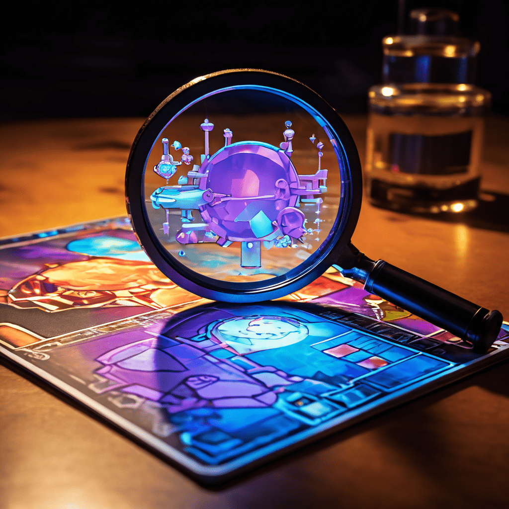 확대경으로 홀로그램 포켓몬 카드의 분자 구조를 과학 설계도처럼 분석하여 희귀도를 검사하는 디지털 콜렉터블 연구 장면