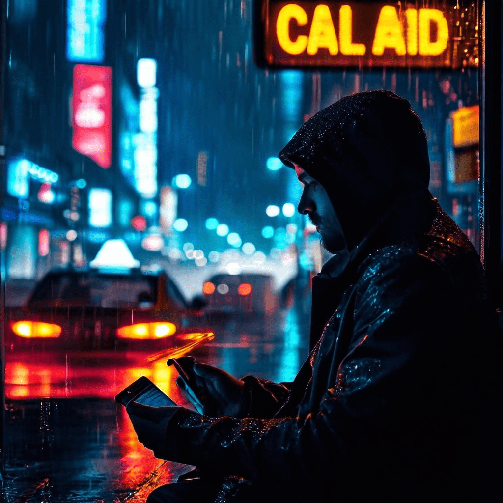 비가 내리는 네온 불빛 도시에서 지친 한 승객이 '통화 실패'가 표시된 휴대폰 화면을 바라보며, 알고리즘에 의해 재배정되어 멀어지는 택시를 바라보는 모습을 담은 이미지입니다.